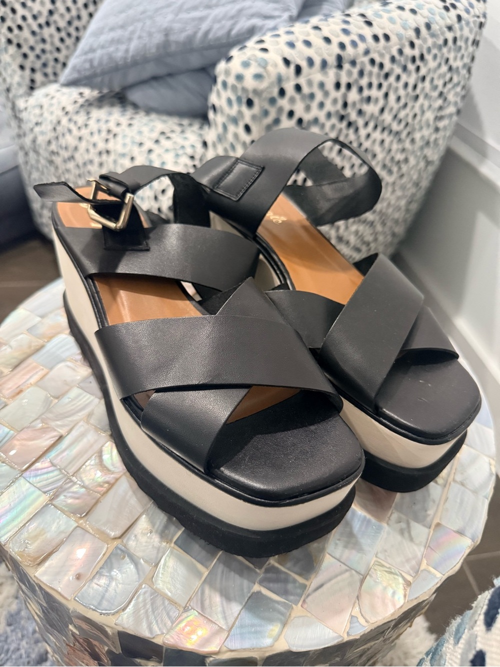Free People Black and Cream Platform Crisscross Sandals with Buckle